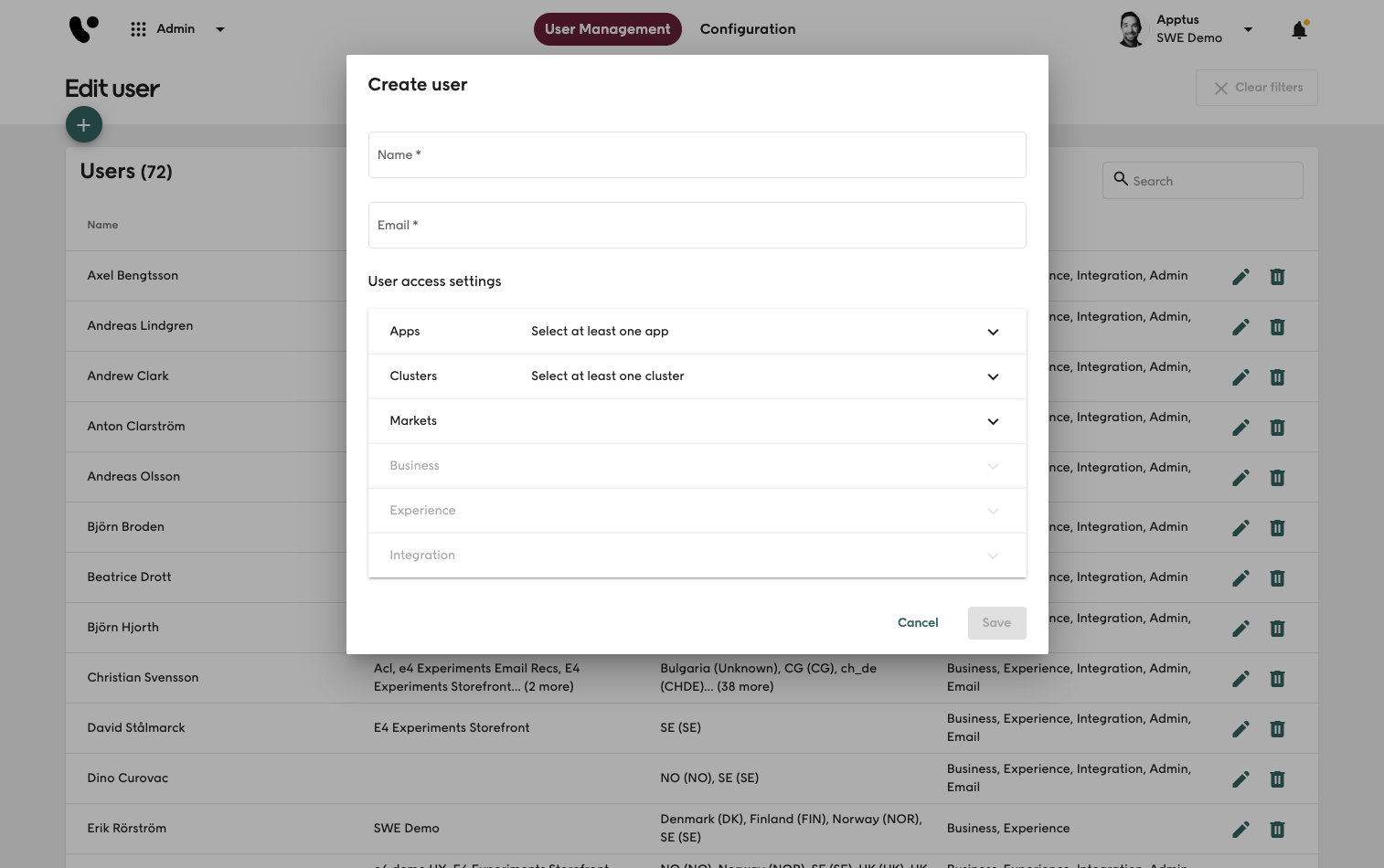 Screenshot of Voyado Elevate Admin app User management dialogue window