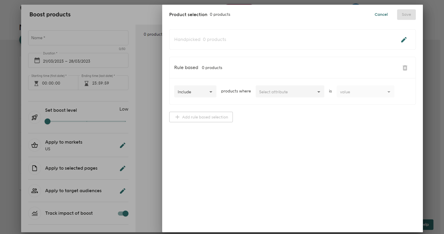 Screenshot of Voyado Elevate Business app Boost tab rule based products