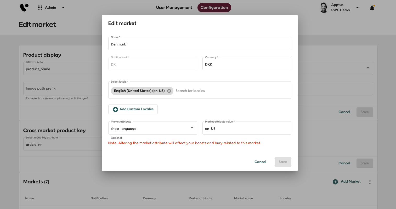 Screenshot of Voyado Elevate Admin app with Market configuration