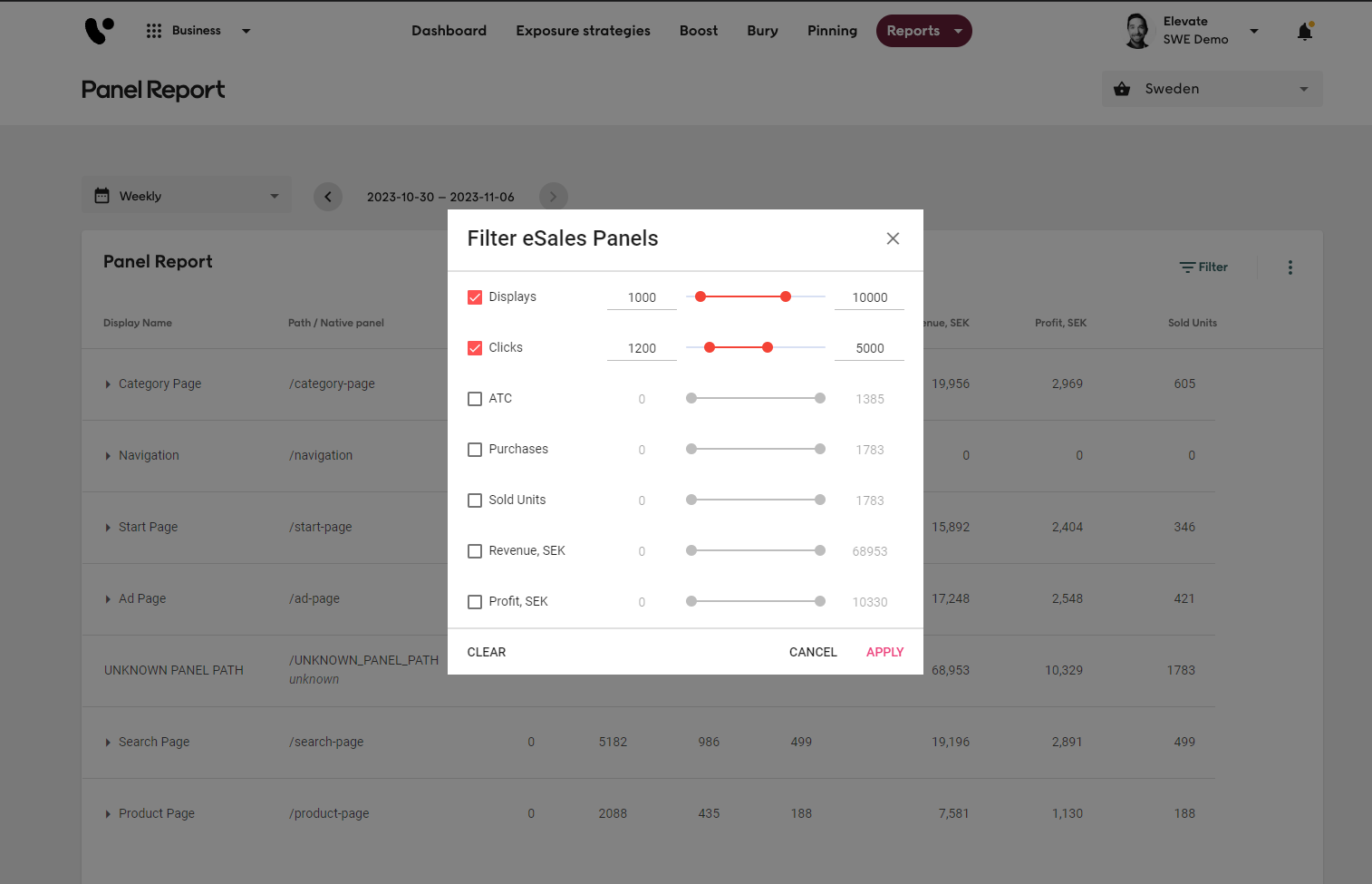 Screenshot of Voyado Elevate Business app Reports tab for Panel reports with page details expanded and filtering