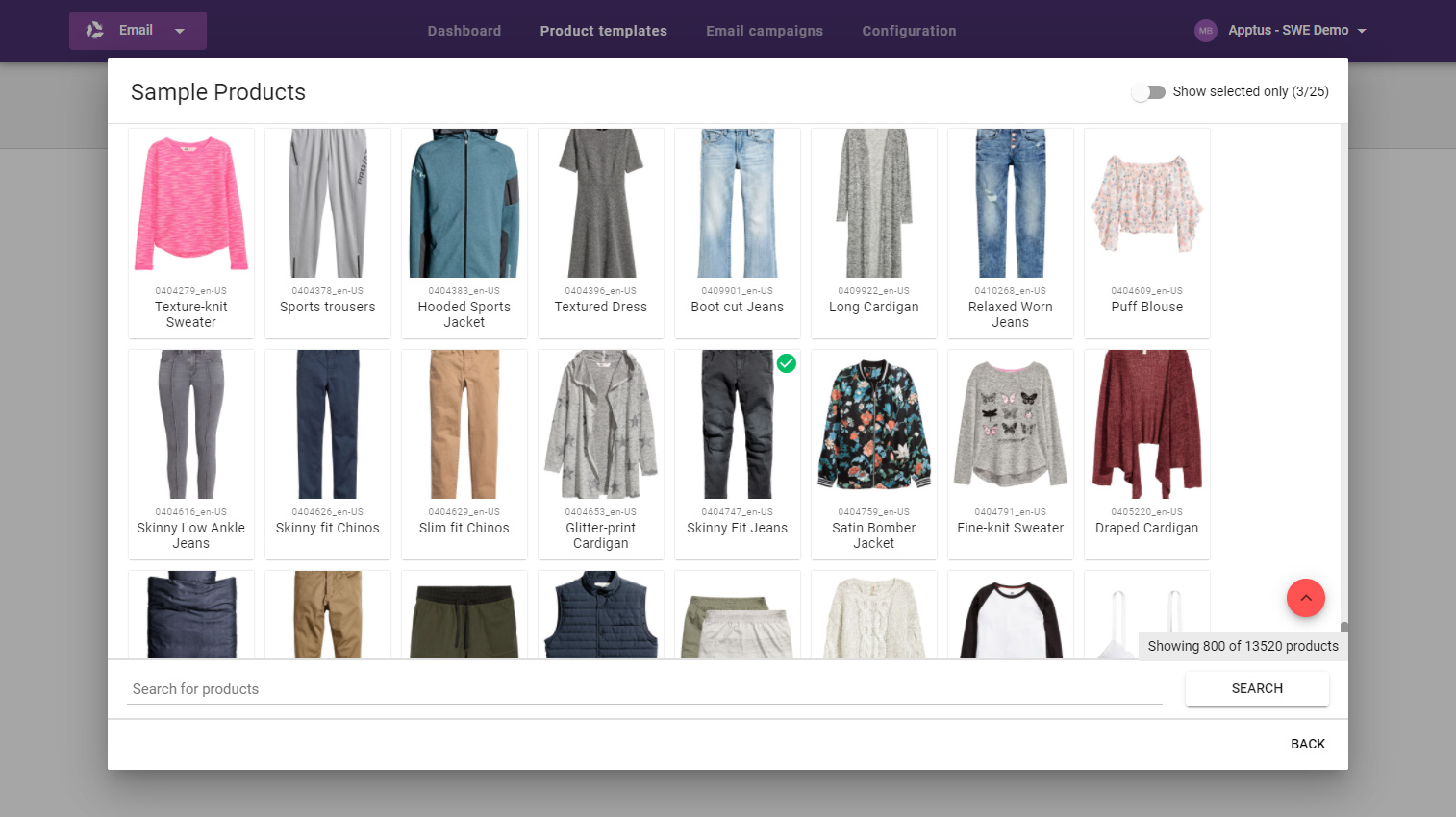 Email recommendations - Product templates - Select products