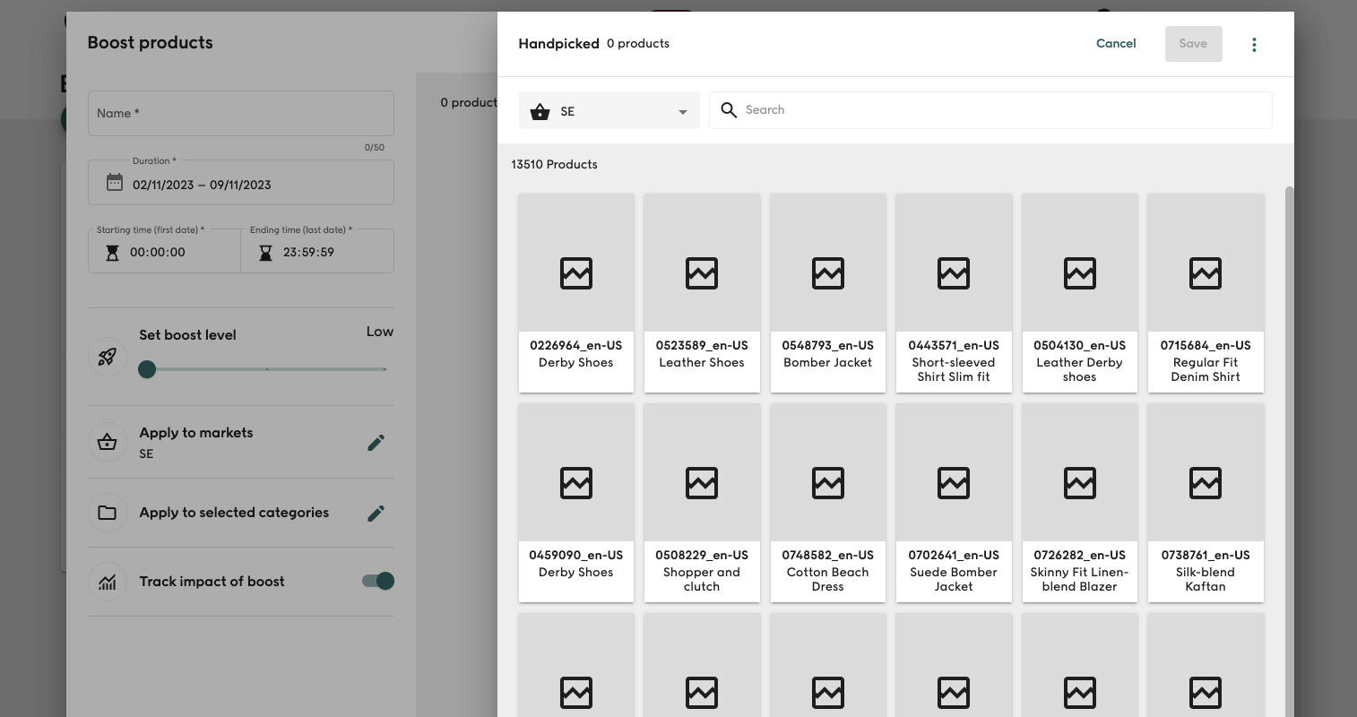 Screenshot of Voyado Elevate Business app Boost tab Handpick products