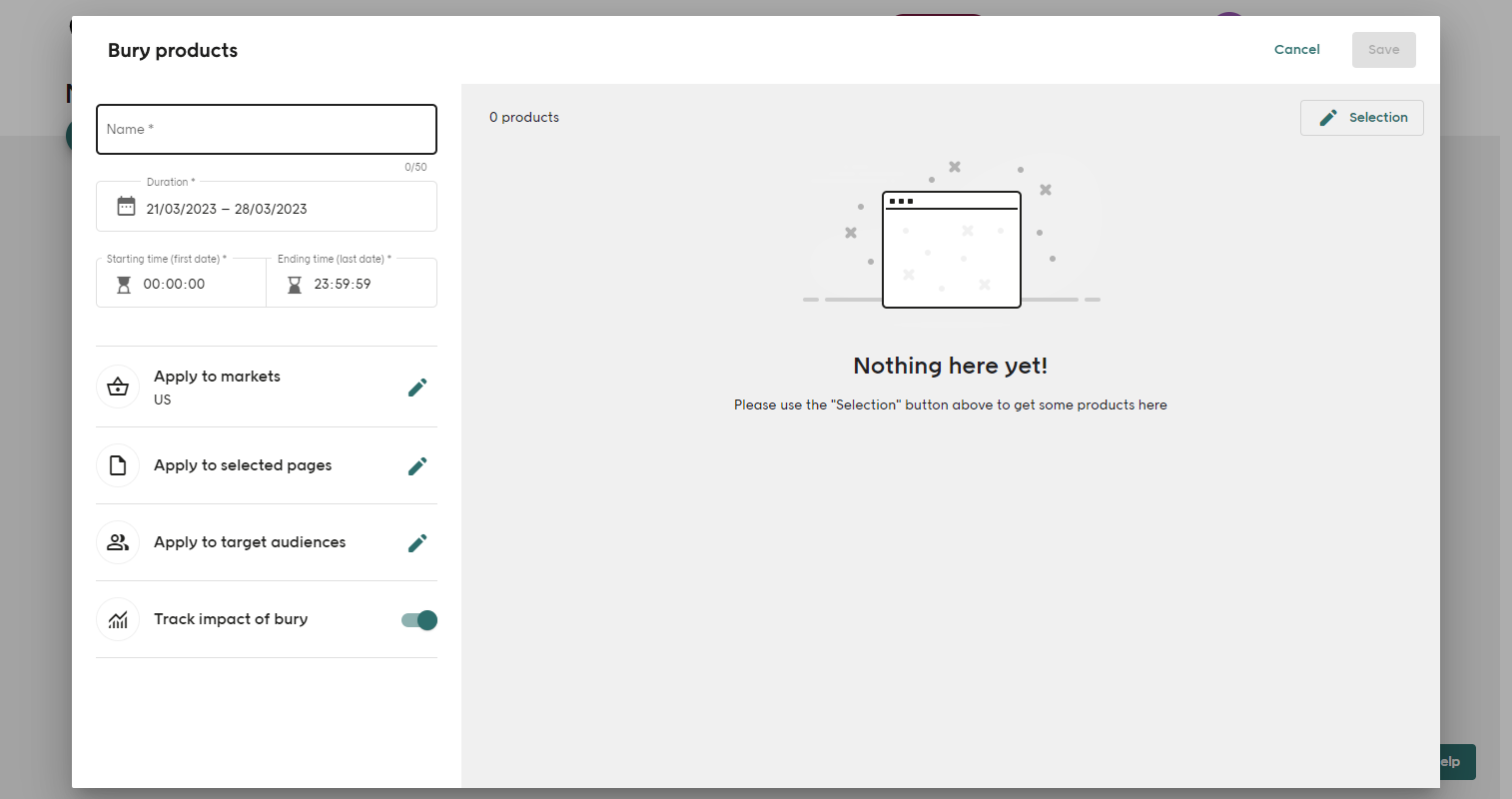 Screenshot of Voyado Elevate Business app Bury tab Add demotion