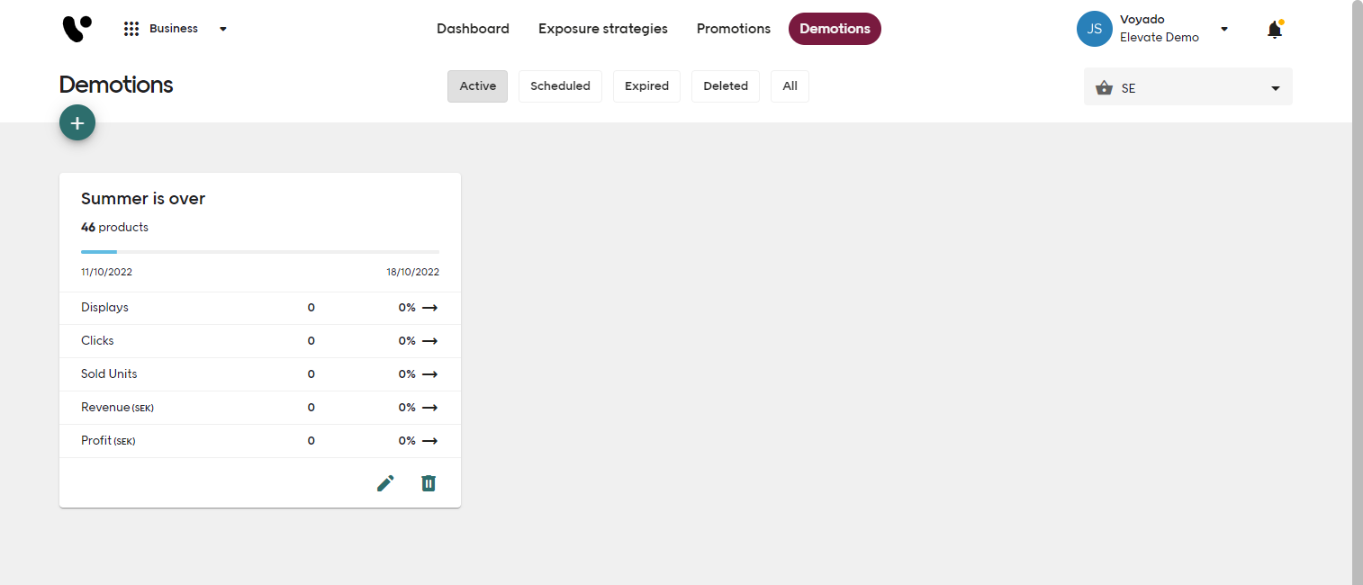 Screenshot of Voyado Elevate Business app Demotions tab