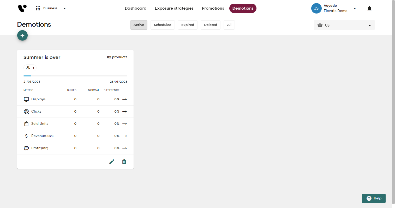 Screenshot of Voyado Elevate Business app Demotions tab