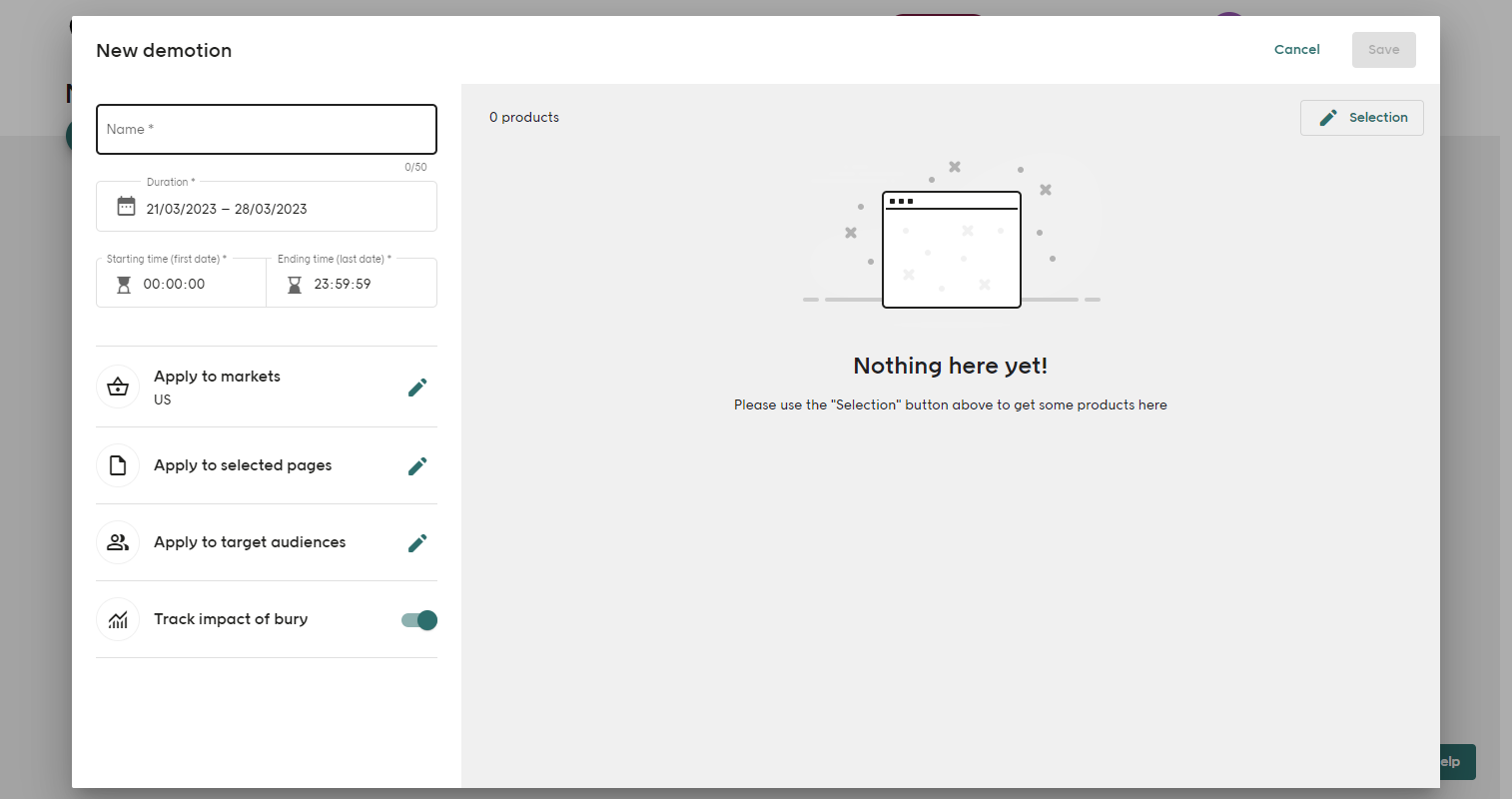 Screenshot of Voyado Elevate Business app Demotions tab Add demotion