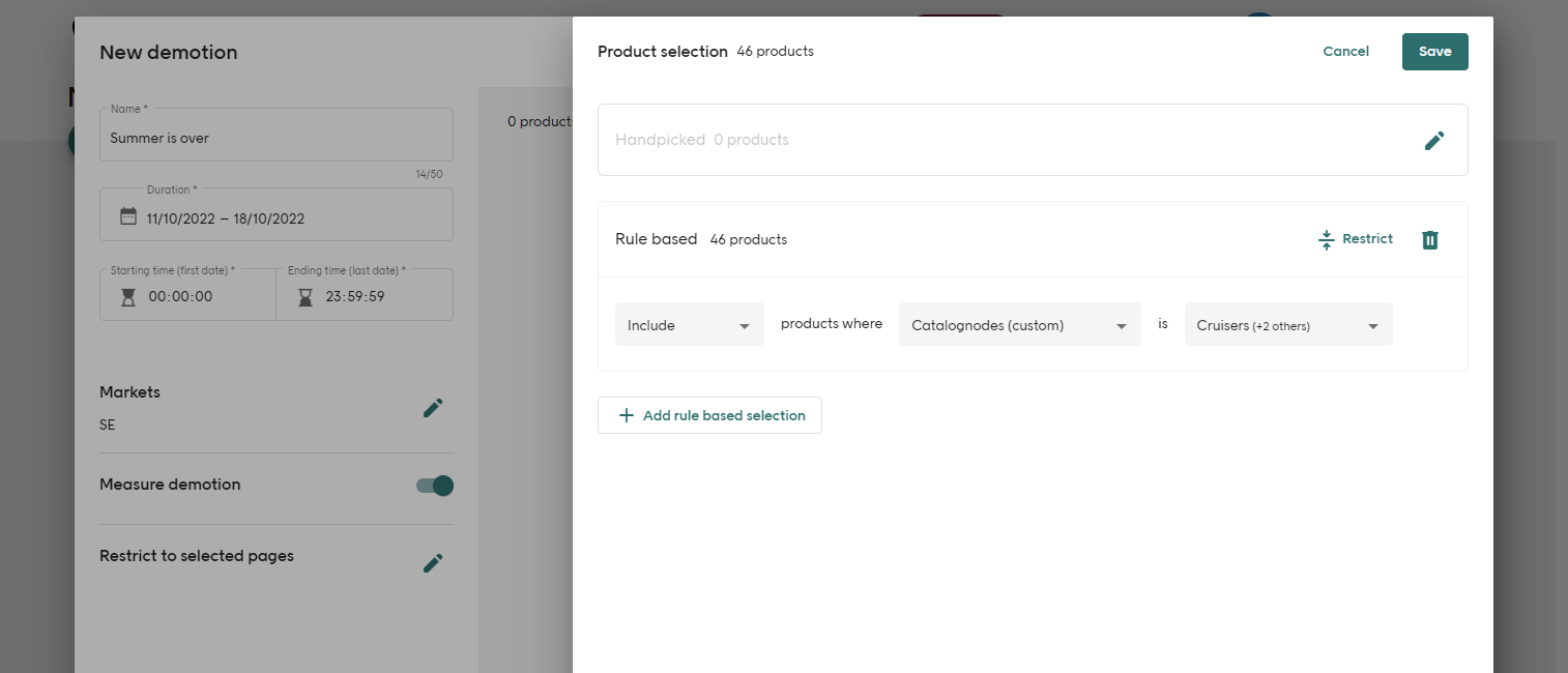 Screenshot of Voyado Elevate Business app Demotions tab rule based products