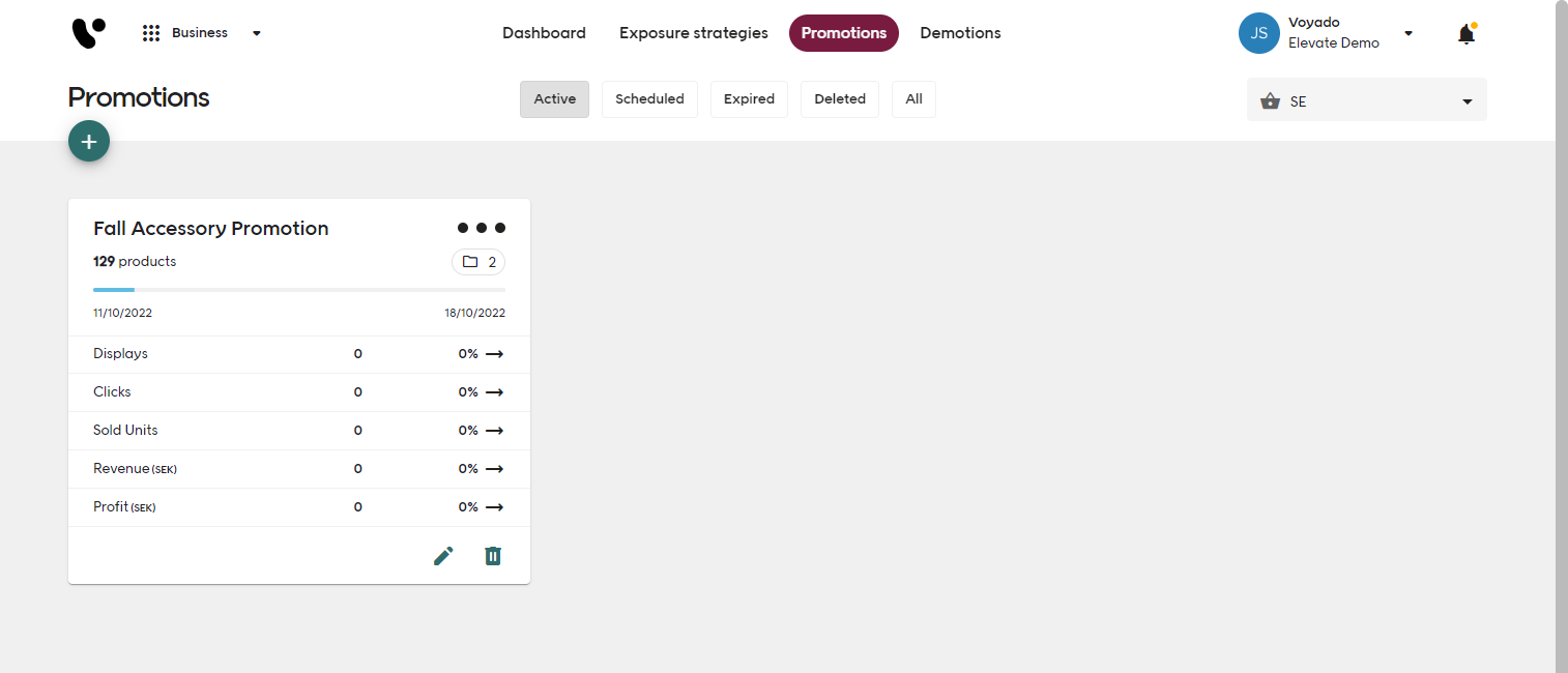 Screenshot of Voyado Elevate Business app Promotions tab