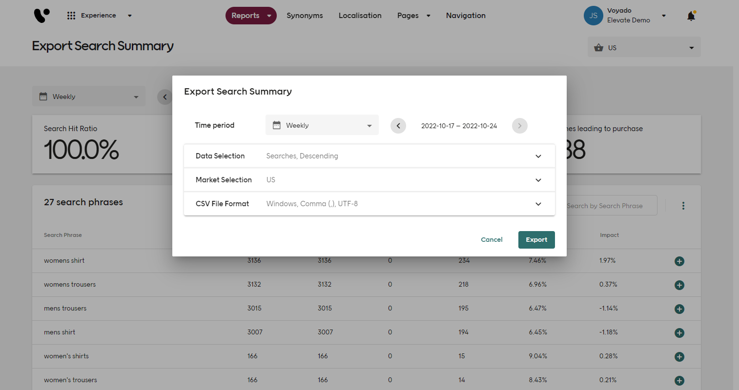 Screenshot of Voyado Elevate Experience app - Export Search phrase report
