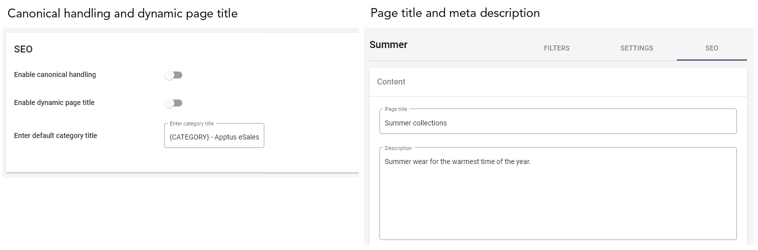 SEO meta data - Canonical tags, dynamic page title and meta description