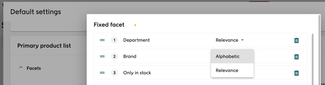 Screenshot of Voyado Elevate's configuration of facet sort order