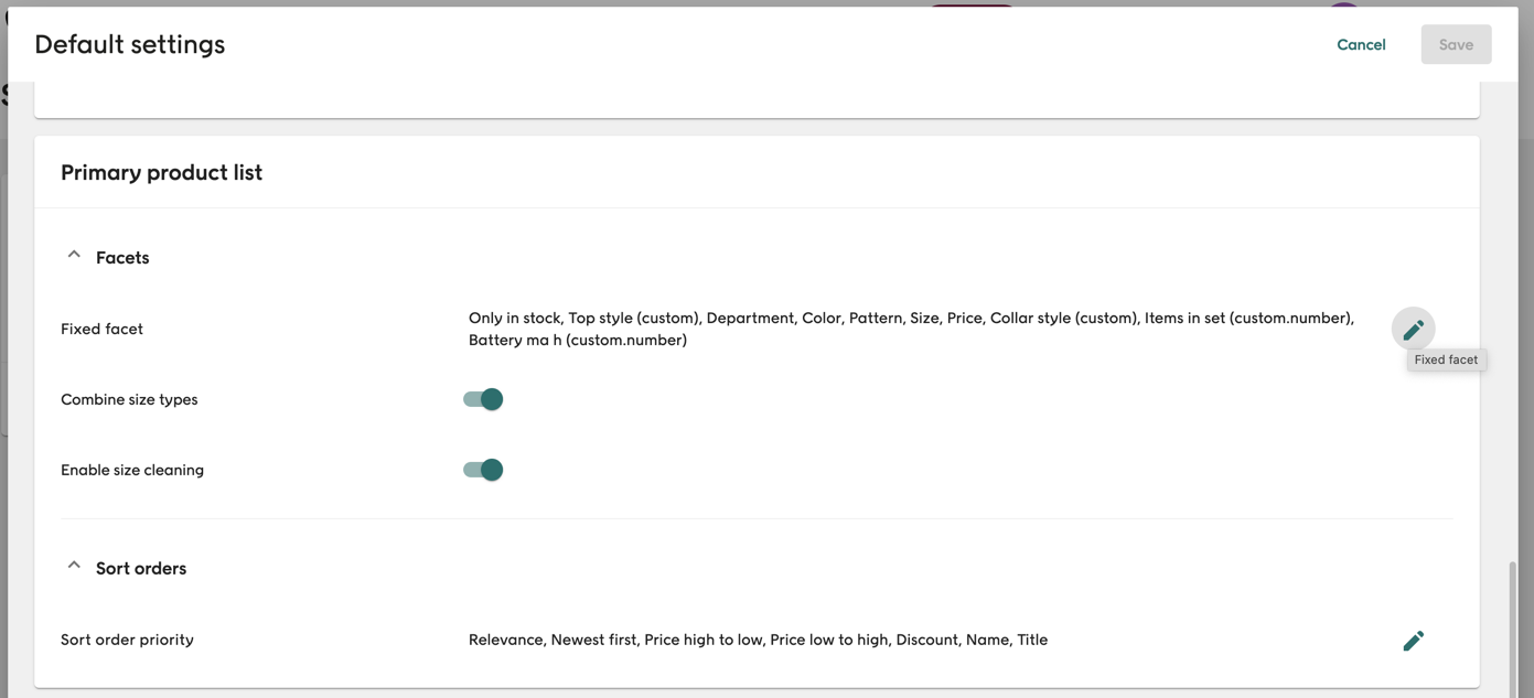 Screenshot of Voyado Elevate primary product list facets