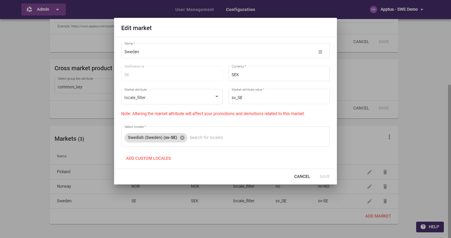 Screenshot of Apptus eSales Admin app with Market configuration