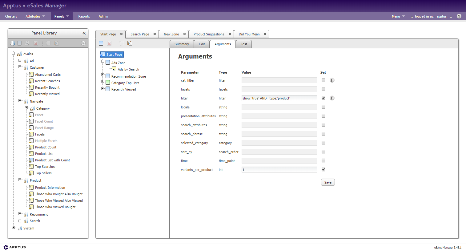 Graphic showing panel configuration in Apptus eSales Manager