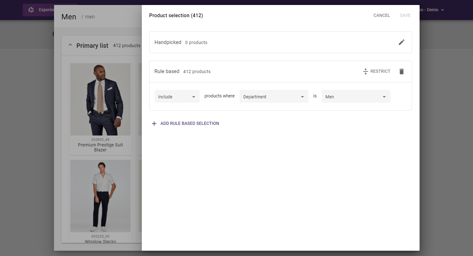 Screenshot of rule based product selection for Category and Landing Pages