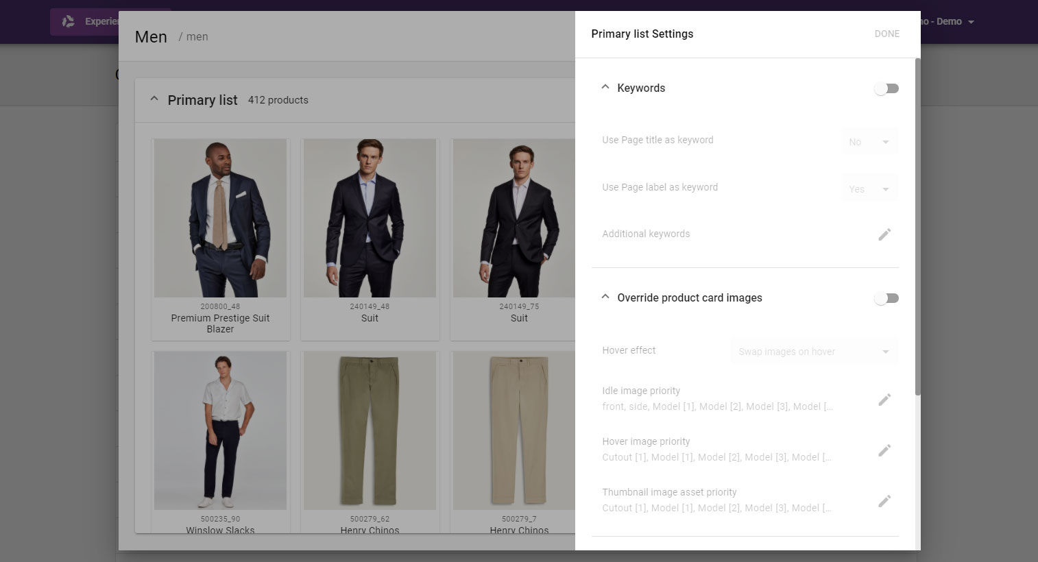 Screenshot of Category and Landing Page - Product list settings